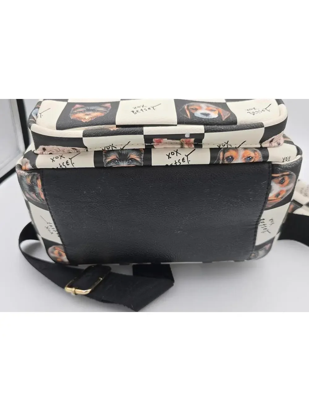 Betsey Johnson Dog Mini Backpack Black White Puppy Print Pom Charm Bag